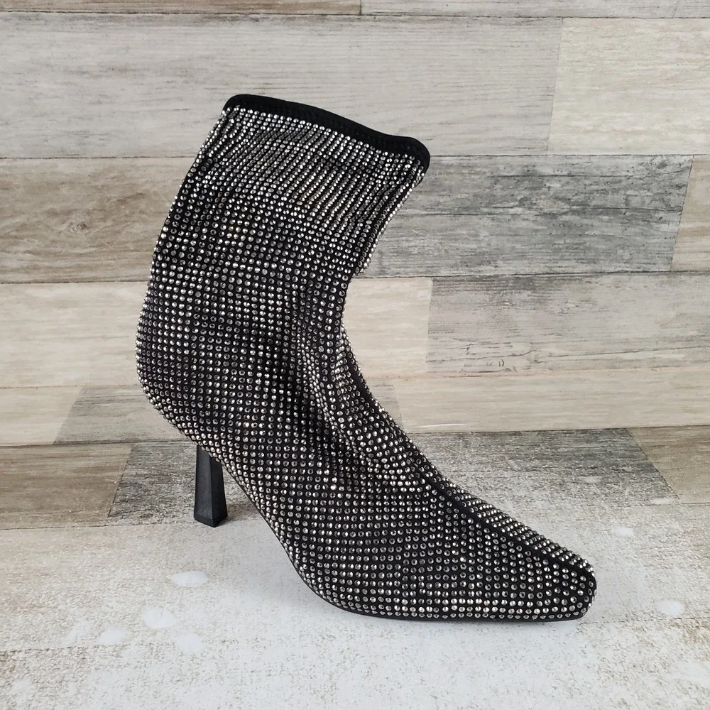 Steve Madden Vakay Womens Ankle Bootie Sz 6 Black Rhinestone Side Zip Pointy Toe